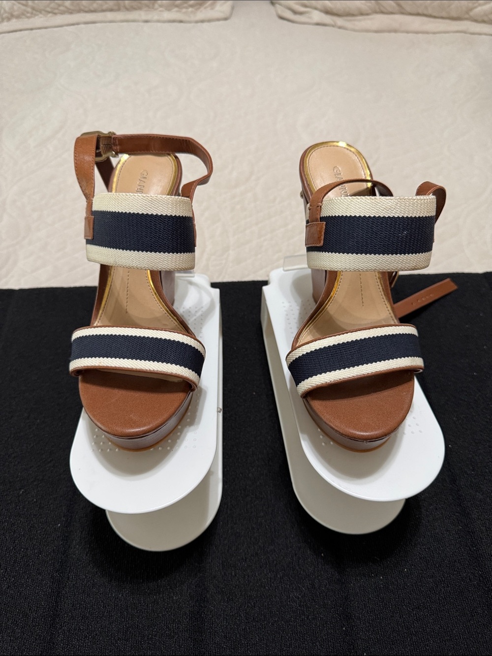 Leather Platform Sandals with Navy & Cream Straps